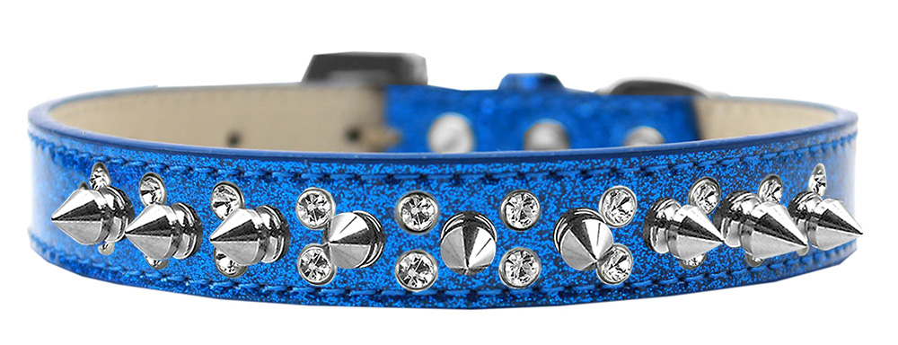 Double Crystal and Silver Spikes Dog Collar Blue Ice Cream Size 14